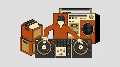 A DJ operates two turntables and a mixer, with a large boombox and crates of records in the background.