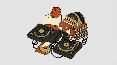 A person stands behind a DJ setup with two turntables, a mixer, headphones, and stacks of vinyl records.