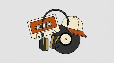 A cassette tape, vinyl record, headphones, and a baseball cap are grouped together.