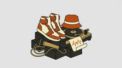 High-top sneakers, a bucket hat, a turntable, and a microphone are arranged on a stack of black blocks.