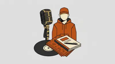 A person in an orange hoodie and cap stands behind a vintage microphone, a vinyl record, and a stack of notebooks with a pen.
