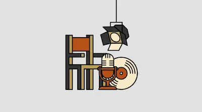 A director's chair, a hanging studio light, a vintage microphone, and a vinyl record are arranged in a cluster.