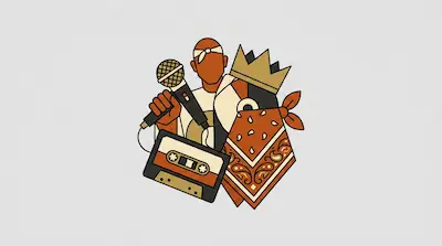 A person wearing a headband holds a microphone, surrounded by a cassette tape, a crown, and a paisley bandana.