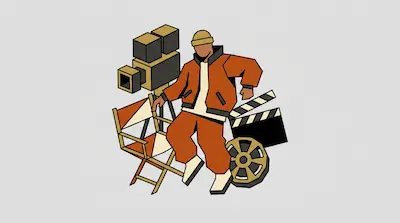 A stylized figure in an orange outfit is surrounded by filmmaking equipment, including a movie camera, director's chair, film reel, and clapperboard.