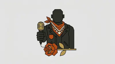 A faceless figure wearing a black jacket and orange bandana holds a vintage microphone above an orange rose.