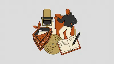 A person in a hoodie stands behind a microphone, a paisley bandana, a vinyl record, and an open notebook with a pen.