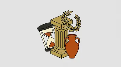 An hourglass, a classical column, a laurel wreath, and a terracotta vase are grouped together.