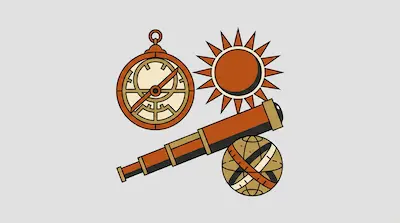 Flat illustration of a vintage astrolabe, a telescope, a sun icon, and an armillary sphere on a gray background
