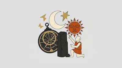 Flat illustration of a person kneeling by an astrolabe, a monolith, and celestial bodies like the sun and moon