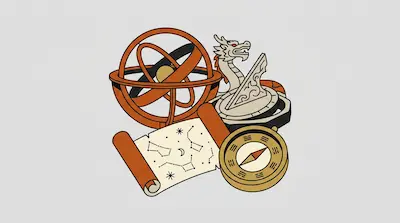 Flat illustration of an armillary sphere, a star chart scroll, and a compass with a dragon head on a gray background
