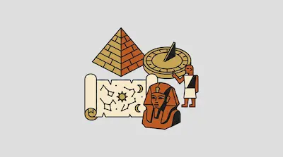 Flat illustration of an Egyptian pyramid, a pharaoh bust, and a celestial scroll on a light gray background
