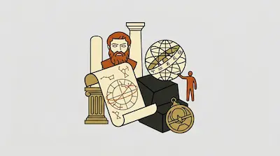 Flat illustration of a bearded philosopher bust, an armillary sphere, and a star chart scroll on a gray background