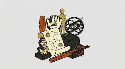 Flat illustration of a philosopher bust, a star chart scroll, and an armillary sphere on a light gray background