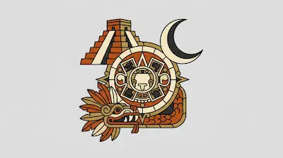 Flat illustration of an Aztec calendar, a feathered serpent head, a crescent moon, and a pyramid on a gray background