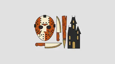 Flat illustration of a hockey mask, two knives, a wooden stake, and a haunted house silhouette on a gray background