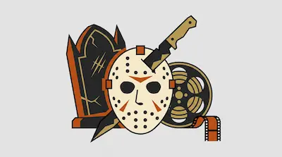 Flat illustration of a hockey mask, a tombstone, and a film reel with a knife through the mask on a gray background