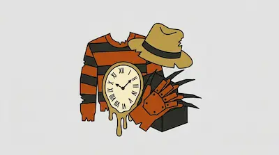 Flat illustration of a striped sweater, a fedora hat, a clawed glove, and a melting clock on a light gray background
