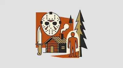 Flat illustration of a hockey mask, a hunting knife, and a log cabin in the woods using an orange and tan color palette