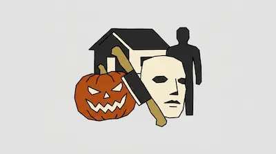 Flat illustration of a jack-o-lantern, a white mask, a knife, and a black human silhouette in front of a house