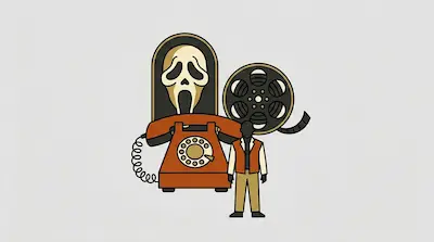 Flat illustration of a Ghostface mask, a vintage rotary phone, a film reel, and a small human figure on a gray background