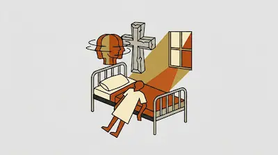 Flat illustration of a person in a hospital bed with a stone cross and spinning heads above them in a ray of light.