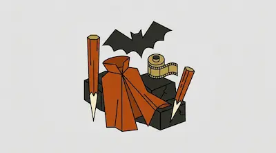 Flat illustration of a vampire cape, a flying bat, and two wooden stakes on a light grey background