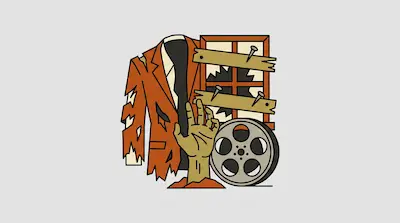 Flat illustration of a tattered suit, a zombie hand, a film reel, and a boarded up window on a gray background