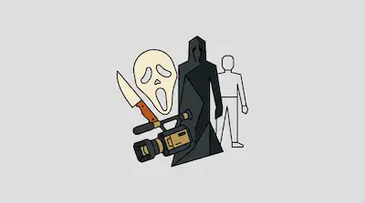 Flat illustration of a ghost mask, a kitchen knife, a video camera, and a dark hooded figure on a gray background