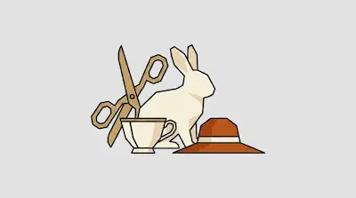 Flat illustration of a white rabbit, a pair of scissors, a teacup, and a brown hat on a light gray background