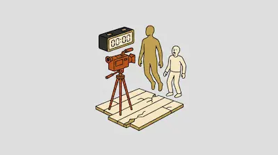 Flat illustration of a video camera on a tripod, a digital clock, and two human figures on a cracked wooden platform