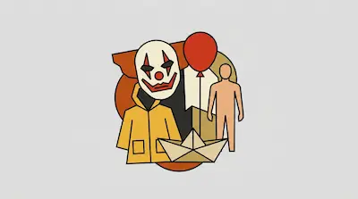Flat illustration of a clown mask, a red balloon, a yellow raincoat, and a paper boat on a light grey background
