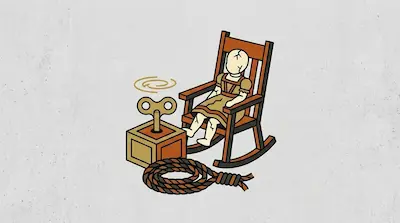 Flat illustration of a cracked porcelain doll in a rocking chair next to a wind-up music box and a coiled rope noose