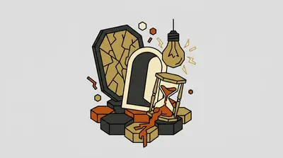 A cracked mirror, an open doorway, a flickering lightbulb, and an hourglass on crumbling ground.