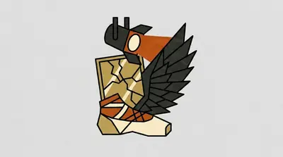A ballet slipper, a cracked mirror, a dark feathered wing, and a stage spotlight.
