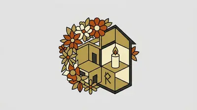A miniature dollhouse wrapped in a flower crown, with a candle and a rune symbol inside.