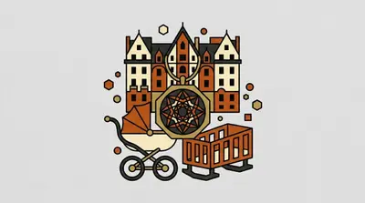 A baby carriage, a gothic apartment building, a pendant with a star pattern, and a wooden cradle.