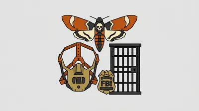 A death's-head moth, a muzzle mask, an FBI badge, and a jail cell door.