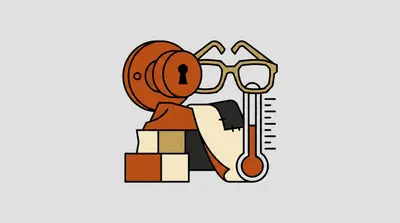 A red doorknob, a pair of glasses, a draped blanket, and a thermometer.