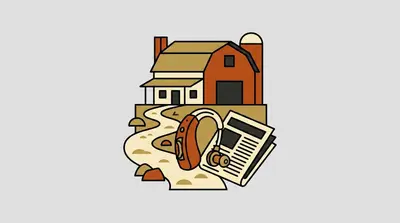 A farmhouse with a barn and silo, a winding sandy path, a hearing aid, and a folded newspaper.