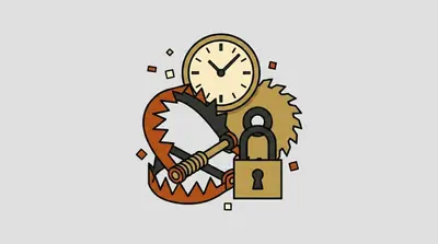 A bear trap, a ticking clock, a saw blade, and a locked padlock grouped together.