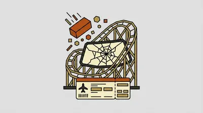 A roller coaster track, a cracked windshield, a falling brick, and a flight boarding pass.