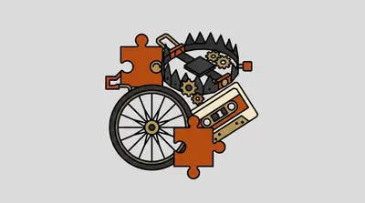 A jigsaw puzzle piece, a bicycle wheel, a bear trap with gears, and a cassette tape.
