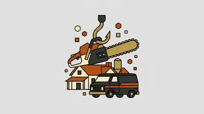 A chainsaw, a meat hook, a farmhouse, and a van grouped together.