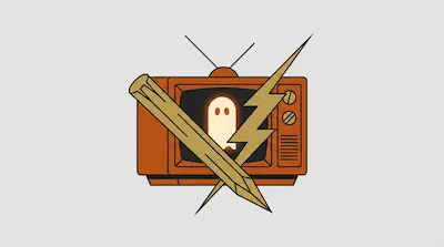 A retro orange television with a glowing ghost on the screen, overlaid with a crossed wooden stake and lightning bolt.