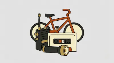 A stylized graphic of a bicycle, walkie-talkie, cassette tape, and flashlight.