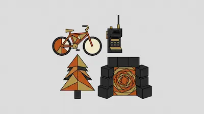 Four geometric icons of a bicycle, a walkie-talkie, a pine tree, and a blocky structure with a swirling orange center.