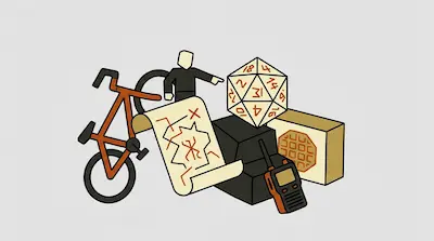 A bicycle, a map, a 20-sided die, a walkie-talkie, and a box of waffles are grouped together.