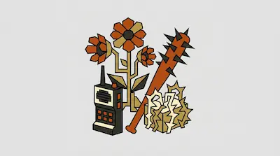 A walkie-talkie, a three-headed flower, a spiked baseball bat, and a bundle of barbed wire in a geometric art style.