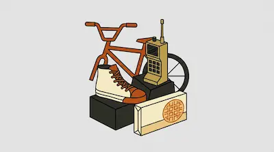 An orange bicycle, a high-top sneaker, a walkie-talkie, and a box of waffles are grouped together on dark blocks.