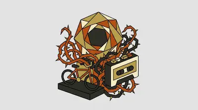 A large geometric shape, a bicycle, and a cassette tape are entangled in a cluster of thorny vines.